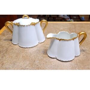 Haviland Limoges France Ranson Sugar Bowl Creamer Set Gold Trim White Floral